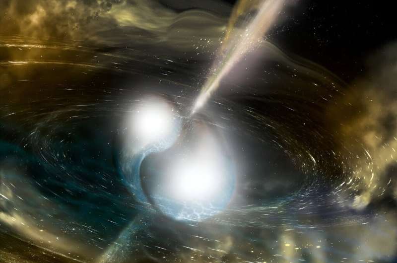 An artist's illustration of two neutron stars merging, creating a gamma-ray burst